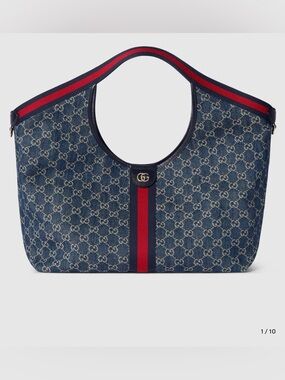 Gucci Giglio Blue Denim GG Monogram Tote with Red and Navy Web NWT